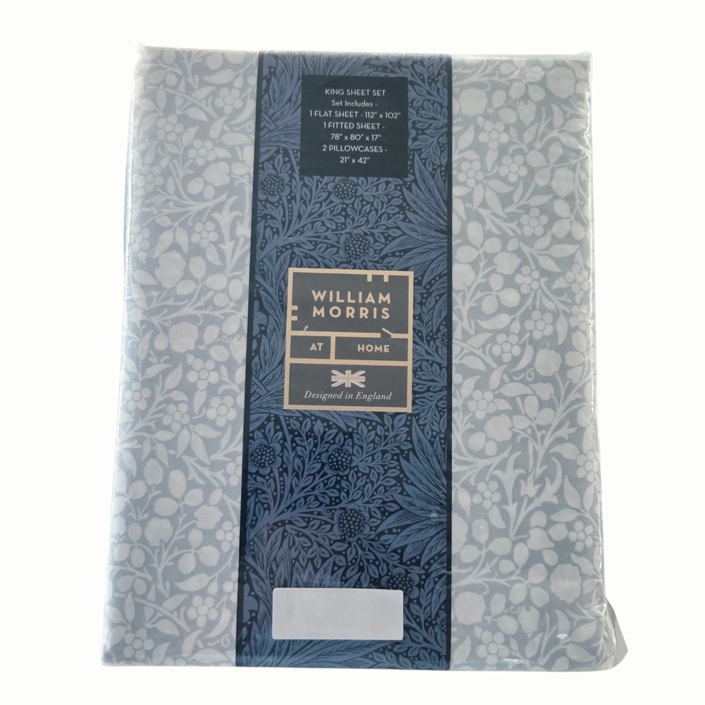 William Morris Cotton Percale Floral King Sheet Set of 4 Tonal Clover Soft Blue